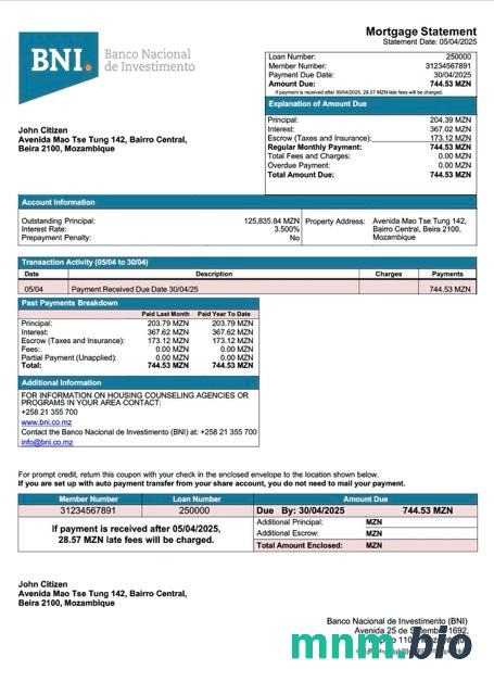 Mozambik Banco Nacional de Investimento (BNI) wyciąg z kredytu hipotecznego szablon Word i PDF